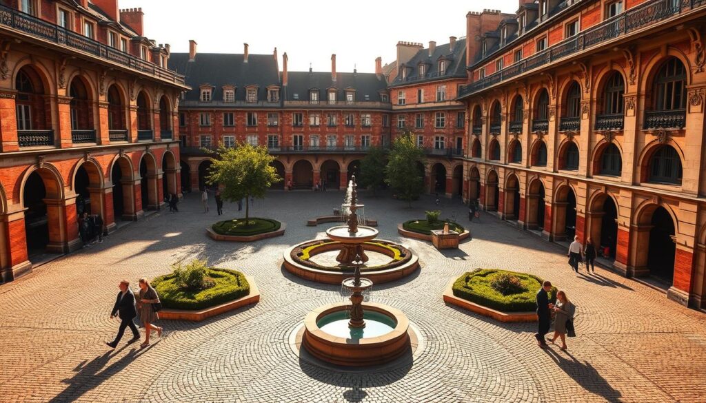 A picturesque Parisian square in the heart of the historic Marais district, Place des Vosges is a stunning example of Renaissance architecture. Capture the elegant 17th-century brick and stone facades lining the arcaded perimeter, casting soft shadows across the cobblestoned central garden. Lush greenery and ornate fountains evoke a serene, timeless ambiance, as a few locals and tourists stroll leisurely through the peaceful public space. The warm, golden light of a late afternoon sun bathes the scene in a romantic glow, highlighting the ornate detailing and historic charm of this quintessential Parisian landmark. A picturesque Parisian square in the heart of the historic Marais district, Place des Vosges is a stunning example of Renaissance architecture. Capture the elegant 17th-century brick and stone facades lining the arcaded perimeter, casting soft shadows across the cobblestoned central garden. Lush greenery and ornate fountains evoke a serene, timeless ambiance, as a few locals and tourists stroll leisurely through the peaceful public space. The warm, golden light of a late afternoon sun bathes the scene in a romantic glow, highlighting the ornate detailing and historic charm of this quintessential Parisian landmark.