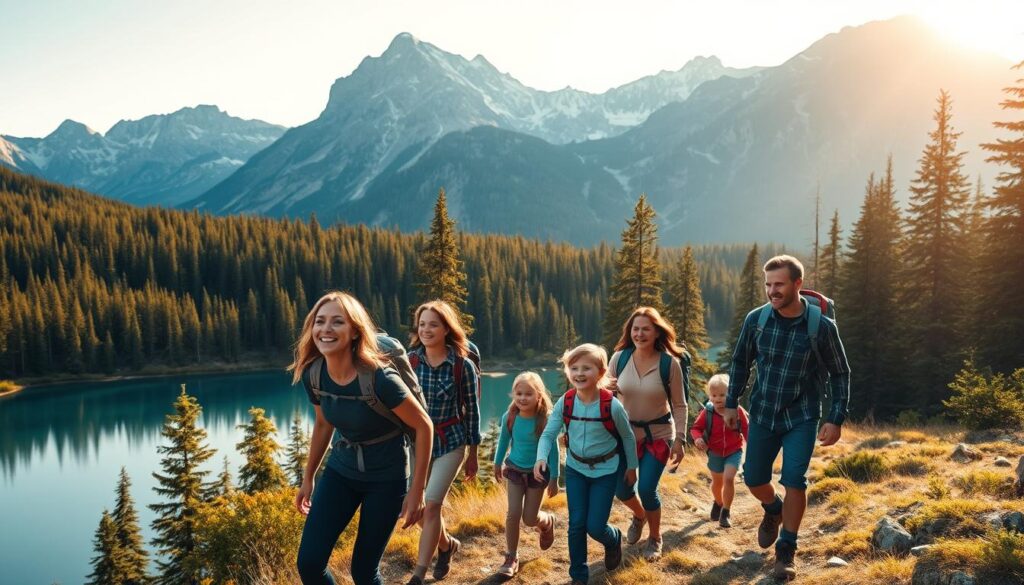 A picturesque family exploring the grandeur of a national park, with towering mountains in the background, lush evergreen forests, and a pristine alpine lake reflecting the natural beauty. The adults and children hike along a winding trail, their faces filled with wonder and excitement. Warm sunlight filters through the trees, casting a golden glow and creating a sense of tranquility. The group pauses to take in the breathtaking vistas, capturing memories that will last a lifetime. A scene of adventure, discovery, and the joyful connection with the great outdoors.