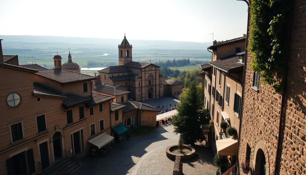A picturesque medieval town nestled in the rolling hills of Umbria, Bevagna stands as a testament to Italy's rich history. In the foreground, cobblestone streets wind between quaint stone buildings, their facades adorned with ornate windows and intricate architectural details. Charming cafes and local shops line the narrow alleys, inviting visitors to step back in time. The middle ground features the town's impressive Romanesque cathedral, its ornate façade casting long shadows across the piazza. In the background, the verdant countryside surrounds the town, with a gently flowing river and distant rolling hills providing a serene backdrop. Warm, golden sunlight filters through the air, creating a dreamy, timeless atmosphere that captures Bevagna's enduring medieval charm. A picturesque medieval town nestled in the rolling hills of Umbria, Bevagna stands as a testament to Italy's rich history. In the foreground, cobblestone streets wind between quaint stone buildings, their facades adorned with ornate windows and intricate architectural details. Charming cafes and local shops line the narrow alleys, inviting visitors to step back in time. The middle ground features the town's impressive Romanesque cathedral, its ornate façade casting long shadows across the piazza. In the background, the verdant countryside surrounds the town, with a gently flowing river and distant rolling hills providing a serene backdrop. Warm, golden sunlight filters through the air, creating a dreamy, timeless atmosphere that captures Bevagna's enduring medieval charm.