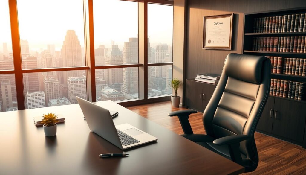 A professional-looking office scene, with a desk, chair, and a laptop in the foreground. On the desk, there are neatly organized papers, a pen, and a small potted plant. In the middle ground, a bookshelf filled with leather-bound volumes and a framed diploma on the wall. The background features a large window overlooking a cityscape, with a warm, natural lighting filtering in. The overall atmosphere is one of productivity, intelligence, and a sense of achievement, conveying the idea of a seasoned professional's backstory.