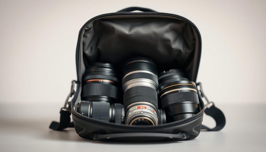 A professional photographer's camera bag lays open, showcasing an assortment of high-quality zoom lenses against a clean, minimalist backdrop. The lenses, ranging from wide-angle to telephoto, are meticulously arranged, their sleek, metallic exteriors gleaming under a soft, directional light. The depth of field is shallow, drawing the viewer's eye to the intricate details of the lenses - the precise focus rings, the sturdy build, and the various focal length markings. The overall scene conveys a sense of versatility, quality, and the photographer's commitment to capturing the world through a diverse range of perspectives.