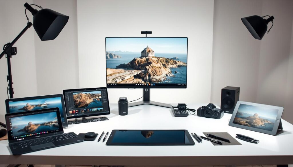A professional studio setup showcasing a collection of high-quality deblurring and object removal tools. In the foreground, an assortment of editing software, digital tablets, and styluses are neatly arranged on a clean, white desk, illuminated by soft, diffused lighting. In the middle ground, a large, retouched travel photograph is displayed on a high-resolution monitor, demonstrating the tools' capabilities. The background features a minimalist, yet elegant backdrop, creating a sense of focus and professionalism. The overall scene conveys a workflow dedicated to enhancing travel photography, with an emphasis on precision, attention to detail, and a sophisticated, editorial aesthetic.