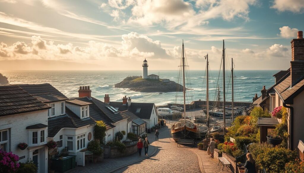 A quaint seaside hamlet nestled along a rugged, windswept coastline. Weathered, whitewashed cottages line cobblestone streets, their gardens overflowing with fragrant blooms. In the distance, a stately lighthouse stands sentinel, its beam sweeping across the churning waves. Sunlight filters through wispy clouds, casting a warm, golden glow over the scene. Tall masts of fishing boats sway gently in the harbor, their hulls reflecting the deep azure of the ocean. Locals stroll leisurely, pausing to admire the picturesque vistas or browse the charming shops and cafes. An atmosphere of timeless tranquility pervades this historic coastal haven.