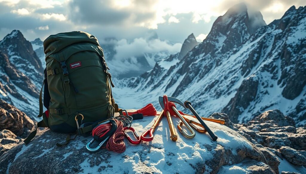 A rugged backpack sits atop a flat rock, surrounded by carabiners, ropes, ice axes, and crampons. The gear gleams under a warm, golden light, casting shadows across the craggy, snow-dusted alpine landscape. In the distance, towering peaks pierce the cloudy sky, hinting at the treacherous, yet thrilling, journey ahead. The scene exudes a sense of adventure, preparation, and the awe-inspiring power of nature.