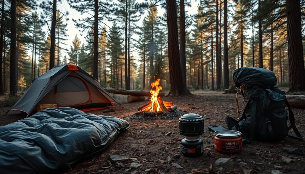 A rugged, well-equipped campsite nestled in a serene forest clearing. In the foreground, a collection of essential camping gear - a sturdy tent, a cozy sleeping bag, a high-quality backpack, and a compact camp stove. In the middle ground, a campfire crackles, casting a warm glow and inviting hikers to gather and enjoy the tranquil outdoors. In the background, tall pines sway gently, filtering dappled sunlight through the canopy. The scene exudes a sense of adventure and exploration, perfectly capturing the spirit of an off-the-grid road trip. A rugged, well-equipped campsite nestled in a serene forest clearing. In the foreground, a collection of essential camping gear - a sturdy tent, a cozy sleeping bag, a high-quality backpack, and a compact camp stove. In the middle ground, a campfire crackles, casting a warm glow and inviting hikers to gather and enjoy the tranquil outdoors. In the background, tall pines sway gently, filtering dappled sunlight through the canopy. The scene exudes a sense of adventure and exploration, perfectly capturing the spirit of an off-the-grid road trip.