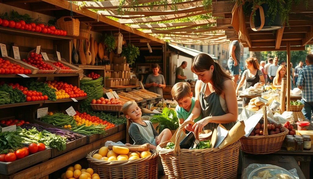 A rustic outdoor market, sun-dappled and bustling with locals. Wooden stalls brimming with fresh produce - juicy tomatoes, crisp greens, and vibrant fruits. Artisanal breads, fragrant cheeses, and homemade jams. In the foreground, a family gathers around a wicker basket, selecting the day's ingredients. Warm, natural lighting filters through the scene, highlighting the honest simplicity of the local fare. Earthy tones and textures evoke the comforting, down-to-earth feel of a budget-friendly culinary experience. A rustic outdoor market, sun-dappled and bustling with locals. Wooden stalls brimming with fresh produce - juicy tomatoes, crisp greens, and vibrant fruits. Artisanal breads, fragrant cheeses, and homemade jams. In the foreground, a family gathers around a wicker basket, selecting the day's ingredients. Warm, natural lighting filters through the scene, highlighting the honest simplicity of the local fare. Earthy tones and textures evoke the comforting, down-to-earth feel of a budget-friendly culinary experience.