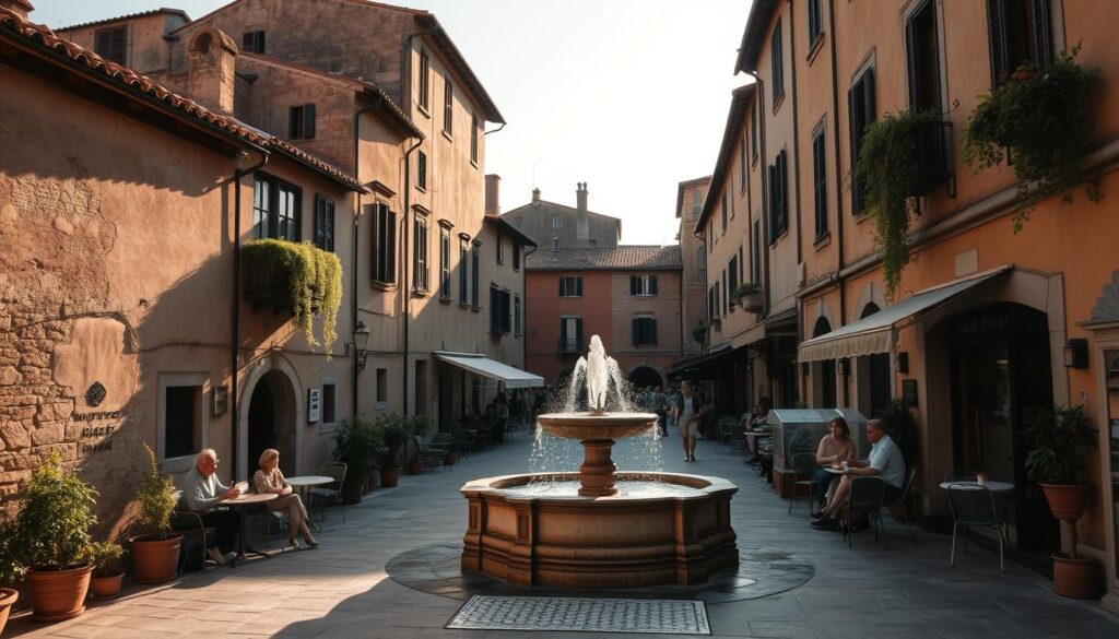 A secluded piazza in a quaint Italian town, bathed in warm, golden afternoon light. Weathered, terracotta-tiled roofs and ancient stone facades line the square, their hues softened by time. In the center, a centuries-old fountain bubbles gently, its gentle splashing echoing off the surrounding buildings. Locals sip espresso at a small, unassuming cafe, engrossed in quiet conversation. Potted herbs and trailing vines spill from window boxes, adding splashes of verdant life to the scene. An air of timelessness and unhurried charm permeates the space, inviting the viewer to linger and savor the tranquil beauty of Italy's hidden cultural gems. A secluded piazza in a quaint Italian town, bathed in warm, golden afternoon light. Weathered, terracotta-tiled roofs and ancient stone facades line the square, their hues softened by time. In the center, a centuries-old fountain bubbles gently, its gentle splashing echoing off the surrounding buildings. Locals sip espresso at a small, unassuming cafe, engrossed in quiet conversation. Potted herbs and trailing vines spill from window boxes, adding splashes of verdant life to the scene. An air of timelessness and unhurried charm permeates the space, inviting the viewer to linger and savor the tranquil beauty of Italy's hidden cultural gems.