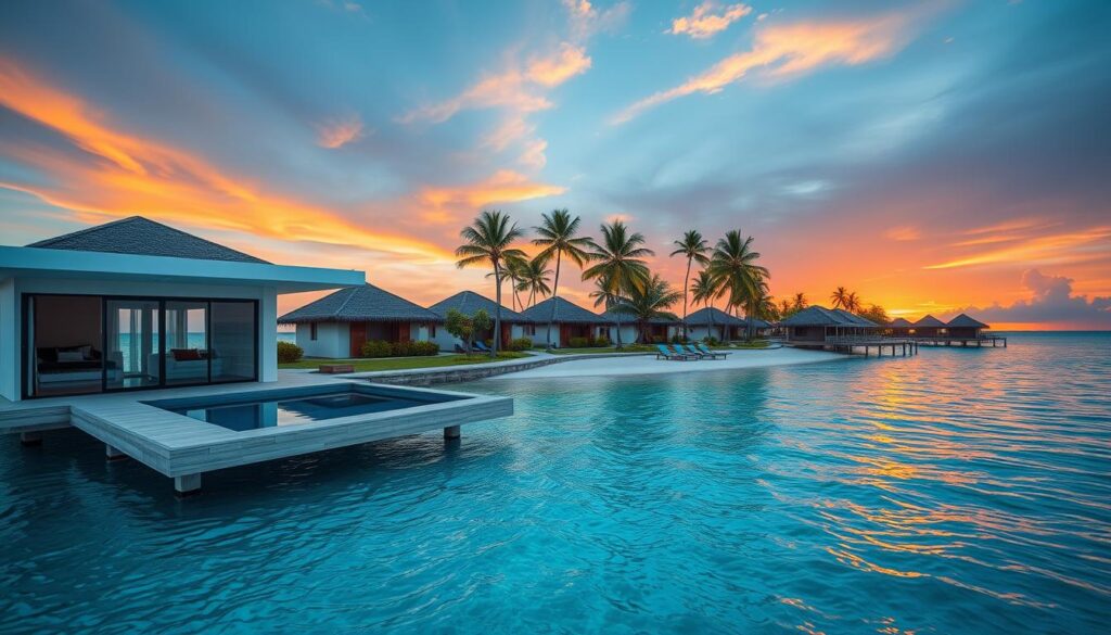 A serene Maldivian island paradise, with crystalline azure waters lapping against pristine white sand beaches. In the foreground, a stunning overwater villa with a sleek, modern design featuring clean lines, floor-to-ceiling windows, and a private infinity pool that seamlessly blends with the surrounding ocean. The middle ground showcases the resort's architectural marvels - graceful, thatched-roof structures in warm, earthy tones that harmonize with the natural landscape. Towering palms sway gently in the tropical breeze, casting soft, dappled shadows. The background features a dramatic, vibrant sunset, with hues of orange, pink, and purple painting the sky and reflecting off the glistening waves. The overall scene exudes a sense of tranquility, luxury, and environmental harmony.