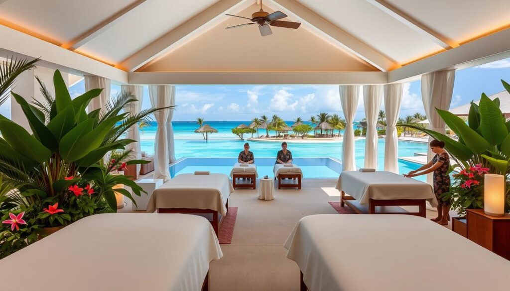A serene and luxurious spa setting in a Maldivian resort. The foreground features plush massage tables draped in crisp white linens, surrounded by potted tropical plants and flowers. In the middle ground, a team of skilled therapists in elegant uniforms perform soothing massage and facial treatments, their movements captured in a soft, diffused lighting. The background reveals an open-air pavilion with vaulted ceilings, leading out to a tranquil infinity pool overlooking the turquoise waters of the Indian Ocean. The overall atmosphere evokes a sense of profound relaxation and rejuvenation, perfectly suited for the wellness and spa experience at this top luxury resort.