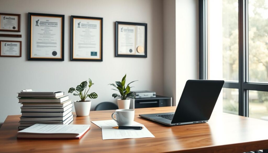 A serene and thoughtful workspace, illuminated by soft, diffused light from a large window. On a wooden desk, stacks of books, a laptop, and a pen rest alongside a cup of coffee. A potted plant adds a touch of nature, while the walls display framed certificates and awards, symbolizing a journey of strategic skill development. The overall atmosphere conveys a sense of focus, growth, and quiet contemplation, inviting the viewer to immerse themselves in the process of personal and professional advancement.