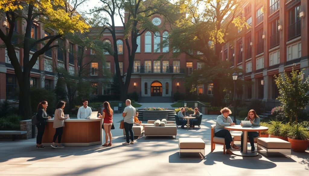A serene campus courtyard, sunlit and welcoming. In the foreground, students gather around a help desk, discussing their concerns with attentive staff. The middle ground features an inviting lounge area, where peer mentors offer guidance and support. In the background, the campus library stands tall, its stately architecture a symbol of the knowledge and resources available to the community. Warm lighting illuminates the scene, creating a calming atmosphere of care and camaraderie. A sense of inclusivity and support pervades the space, reflecting the institution's commitment to student well-being.