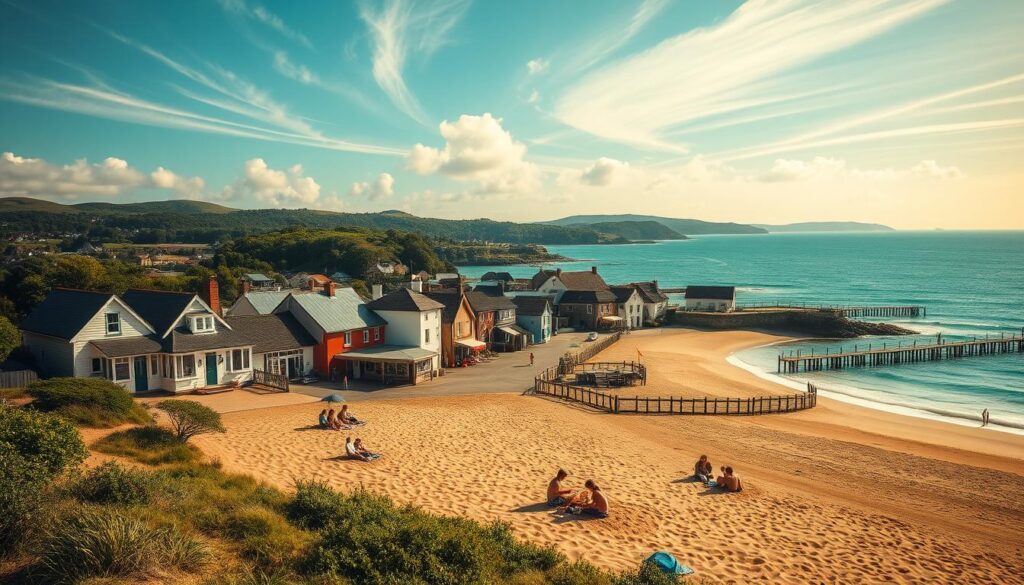A serene coastal village nestled along a sun-dappled shoreline, with quaint cottages and weathered wooden docks leading out to a tranquil azure sea. In the foreground, a group of beachgoers relax on the soft, golden sand, enjoying a picnic spread and the gentle lapping of waves. The middle ground features a charming town square, lined with local shops and cafes, their facades painted in vibrant pastel hues. In the background, rolling hills and lush, verdant foliage create a sense of privacy and seclusion, while wispy, cumulus clouds drift overhead, casting a warm, golden glow across the entire scene. The overall atmosphere evokes a feeling of relaxation, simplicity, and affordability - an idyllic coastal getaway.