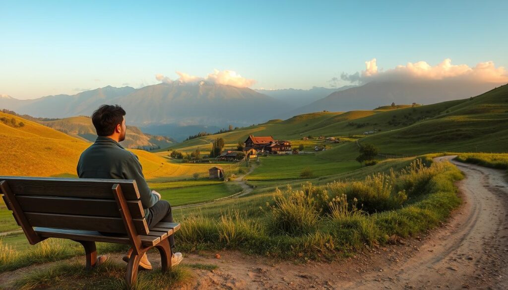 A serene countryside scene with rolling hills, lush green meadows, and a winding dirt path. In the foreground, a person sitting on a weathered wooden bench, gazing out at the tranquil landscape, lost in thought. The middle ground features a small, quaint village with traditional architecture, its inhabitants going about their daily lives at a leisurely pace. The background is framed by a line of towering, majestic mountains, their peaks touched by wispy clouds. The lighting is soft and golden, creating a warm, inviting atmosphere. A sense of timelessness and connection to the land pervades the scene, embodying the essence of slow travel and immersive cultural experiences. A serene countryside scene with rolling hills, lush green meadows, and a winding dirt path. In the foreground, a person sitting on a weathered wooden bench, gazing out at the tranquil landscape, lost in thought. The middle ground features a small, quaint village with traditional architecture, its inhabitants going about their daily lives at a leisurely pace. The background is framed by a line of towering, majestic mountains, their peaks touched by wispy clouds. The lighting is soft and golden, creating a warm, inviting atmosphere. A sense of timelessness and connection to the land pervades the scene, embodying the essence of slow travel and immersive cultural experiences.