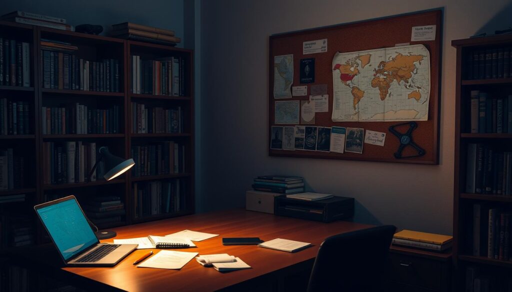 A serene, dimly lit home office with a wooden desk, scattered notes, and a laptop. Soft, warm lighting from a desk lamp illuminates the surface, casting long shadows. Bookshelves line the walls, filled with tomes on travel, exploration, and adventure. A corkboard on the wall displays meticulously pinned maps, tickets, and handwritten itineraries, creating a sense of a well-researched travel plan. The atmosphere is contemplative, as if the occupant is thoughtfully mapping out their next journey.