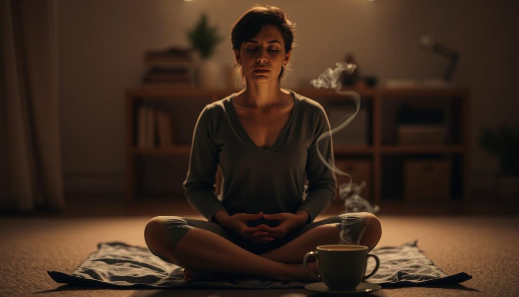 A serene, dimly lit study space with a person sitting cross-legged on a cushion, hands resting on their lap. Soft, warm lighting illuminates their face as they gently inhale and exhale, their chest rising and falling with each breath. The background is blurred, creating a calming, meditative atmosphere. Wispy tendrils of steam from a hot cup of tea or coffee add to the sense of tranquility. The scene conveys a feeling of inner peace and focus, capturing the essence of effective breathing techniques for managing exam anxiety.