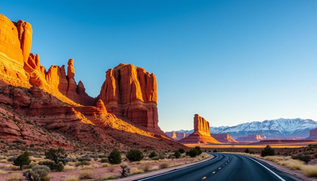 A serene landscape of iconic Utah landmarks along a scenic byway, bathed in warm, golden late afternoon light. In the foreground, towering red rock formations and rugged, weathered buttes rise dramatically against a clear, azure sky. The middle ground features a winding, two-lane road cutting through the dramatic terrain, with a few scattered desert shrubs and hardy trees lining the route. In the distance, majestic snow-capped peaks of the Wasatch Range stand tall, creating a breathtaking backdrop. The overall mood is one of tranquility, wonder, and the awe-inspiring power of nature. A serene landscape of iconic Utah landmarks along a scenic byway, bathed in warm, golden late afternoon light. In the foreground, towering red rock formations and rugged, weathered buttes rise dramatically against a clear, azure sky. The middle ground features a winding, two-lane road cutting through the dramatic terrain, with a few scattered desert shrubs and hardy trees lining the route. In the distance, majestic snow-capped peaks of the Wasatch Range stand tall, creating a breathtaking backdrop. The overall mood is one of tranquility, wonder, and the awe-inspiring power of nature.
