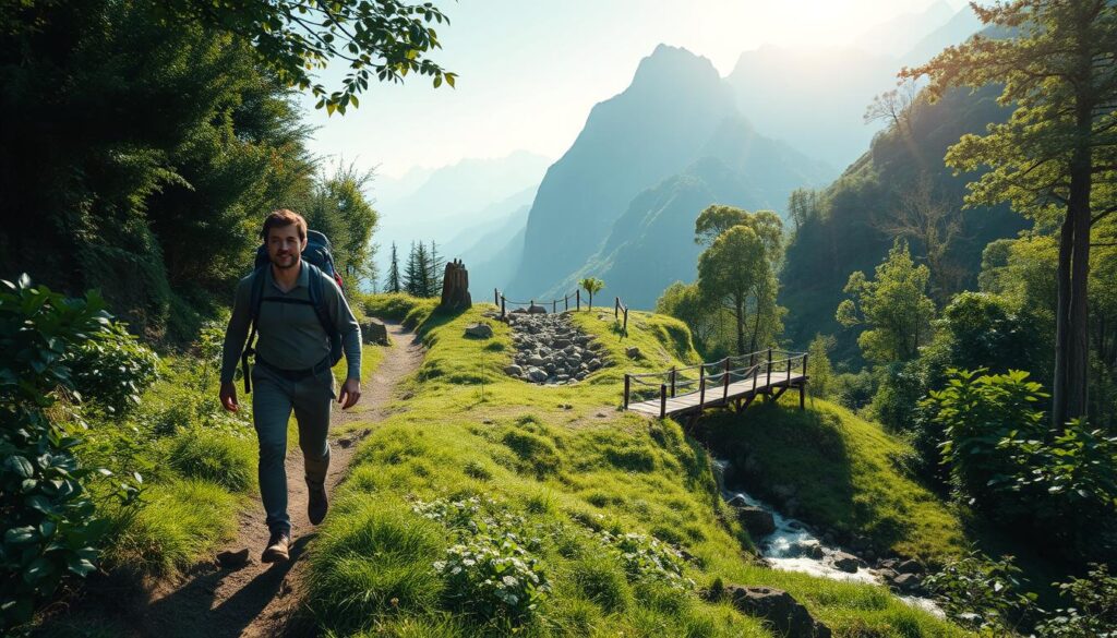 A serene mountain landscape with a winding path leading through lush foliage. In the foreground, a traveler takes tentative steps, their backpack slung over their shoulders, a look of determination on their face. The middle ground features a series of small, manageable challenges - a stream to cross, a rocky incline to climb, a wooden bridge to traverse. Sunlight filters through the canopy, casting a warm, inspiring glow. The background showcases towering peaks, hinting at the larger journey ahead, yet the focus remains on the traveler's immediate, attainable goals. Crisp, high-resolution, detailed, cinematic.