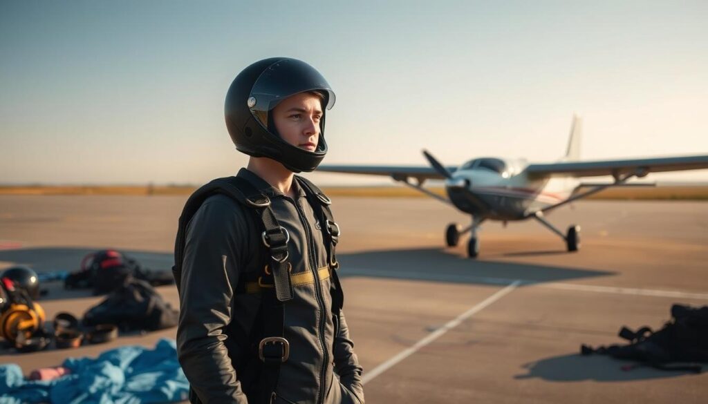 A serene skydiving airfield, with a small plane in the background preparing for takeoff. In the foreground, a skydiver dressed in a sleek jumpsuit and helmet stands amid scattered parachute equipment, their face filled with a mix of anticipation and determination. Soft, diffused lighting creates a tranquil atmosphere, highlighting the skydiver's focused expression as they meticulously check their gear, ready to embark on their inaugural leap into the vast, open sky.