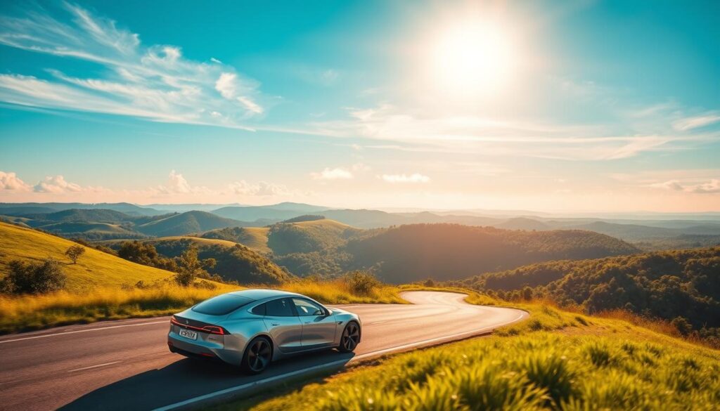 A serene, sun-dappled landscape showcasing the environmental benefits of electric vehicles. In the foreground, a sleek, futuristic electric car glides silently along a winding road, its gleaming body reflecting the lush greenery around it. The middle ground features rolling hills and vibrant, flourishing forests, symbolizing the reduced carbon footprint and improved air quality from zero-emission driving. In the distance, a clear blue sky stretches overhead, dotted with wispy clouds and illuminated by warm, golden sunlight that casts a gentle glow over the entire scene. The overall composition conveys a sense of harmony between technology and nature, underscoring the long-term environmental impact and sustainability of electric transportation.