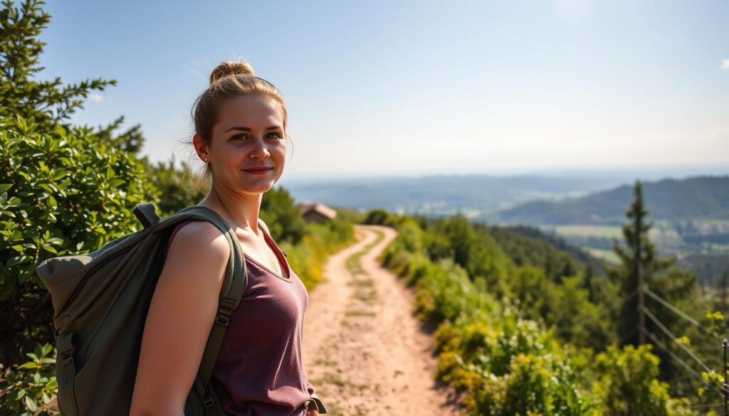 A serene, sunlit outdoor setting with a solo female traveler in the foreground. She stands confidently, backpack on, taking in her surroundings with a focused yet calm expression. The middle ground features a well-trodden path winding through lush greenery, conveying a sense of exploration and discovery. In the background, a panoramic landscape of rolling hills and a distant horizon, hinting at the adventures that await. Soft, directional lighting accentuates the traveler's features and the tranquil atmosphere, creating a scene that inspires a feeling of safety, preparedness, and the exhilaration of solo travel.