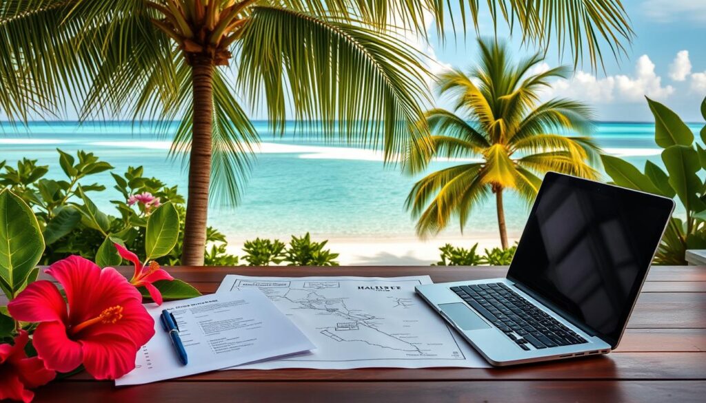 A serene tropical landscape unfolds, capturing the essence of Maldives travel planning. In the foreground, a laptop and travel documents rest on a wooden table, surrounded by vibrant hibiscus flowers and lush palm fronds. The middle ground features a hand-drawn map of the Maldivian atolls, guiding the journey ahead. In the background, a breathtaking vista of turquoise waters and pristine white-sand beaches stretches out, inviting the viewer to envision the paradise that awaits. Soft, warm lighting illuminates the scene, evoking a sense of tranquility and anticipation. The overall mood is one of thoughtful preparation and the excitement of an impending Maldives adventure.