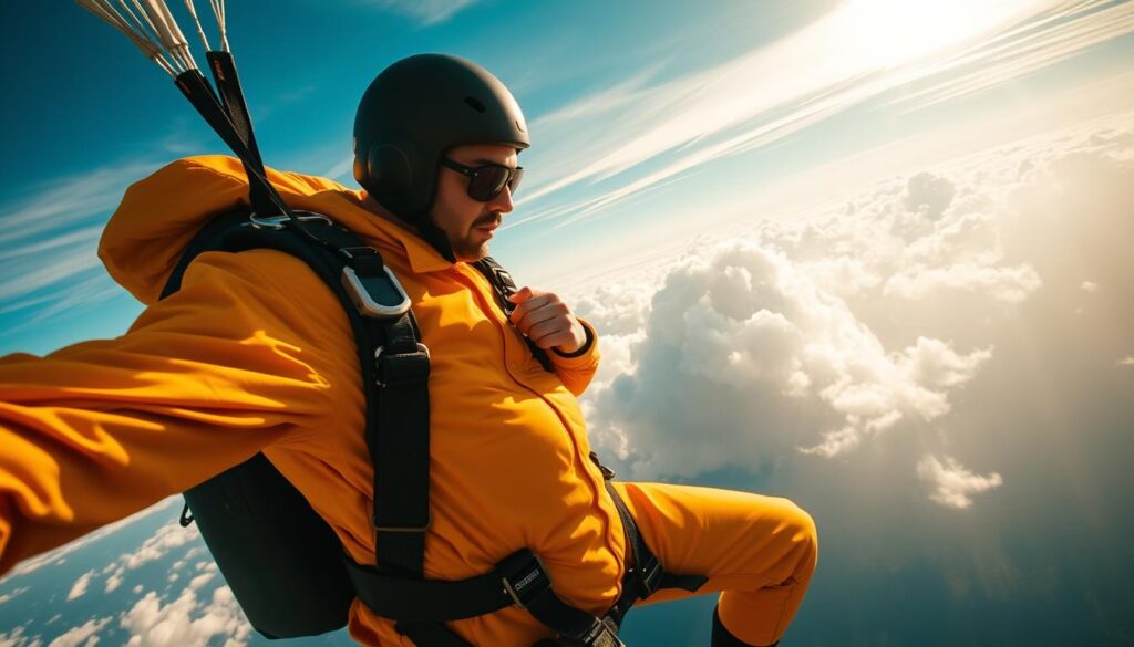 A skydiver, clad in a bright jumpsuit, calmly checks their altimeter and adjusts their parachute harness, preparing for a thrilling freefall. The scene is bathed in warm, golden light, casting a sense of anticipation and excitement. In the background, fluffy white clouds drift across a vibrant blue sky, hinting at the vast expanse the skydiver will soon experience. The camera angle captures the subject from a low perspective, emphasizing the height and scale of the jump. The overall mood conveys a balance of focus, adrenaline, and the thrill of the unknown, perfectly encapsulating the "Insider Tips for a Safe and Thrilling Freefall" section.
