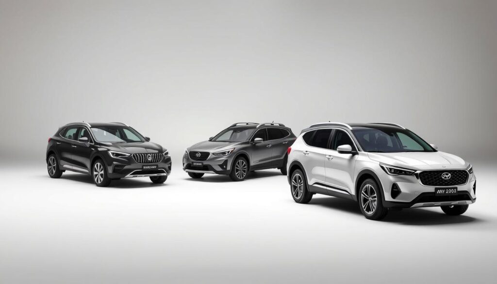 A sleek and modern comparison of trim levels for family-friendly cars, shot in a stylish studio setting with dramatic lighting and a clean, minimalist background. The vehicles are arranged in a visually appealing grid, showcasing their distinct features and design elements. The scene conveys a sense of sophistication and attention to detail, reflecting the careful consideration that goes into selecting the right car for one's family. The overall composition is balanced and harmonious, guiding the viewer's eye through the key details of each trim level.