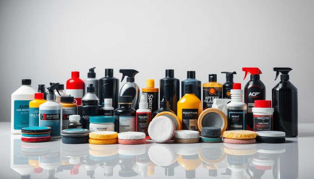 A sleek and well-lit studio shot of an assortment of various car polishing compounds and waxes arranged neatly on a smooth, reflective surface. The foreground features an array of containers and bottles in different shapes, sizes, and colors, showcasing the diverse range of polishing products. The middle ground includes a few open bottles, revealing the texture and sheen of the compounds. The background is a plain, minimalist setting, allowing the products to be the focal point. Soft, even lighting from multiple angles creates a clean, professional look and highlights the glossy, reflective nature of the polishing materials.