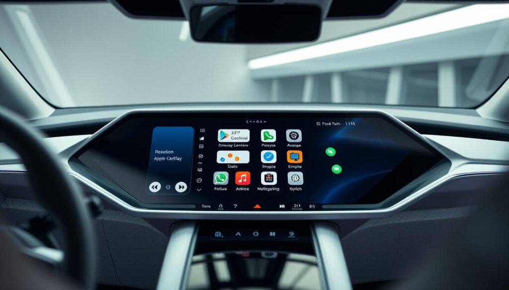 A sleek, futuristic car dashboard with a large, high-resolution touchscreen display showcasing the seamless integration of Apple CarPlay and Android Auto. The screen is crisp and vibrant, displaying intuitive interfaces for navigation, music, and connected apps. The dashboard's design is minimalist and elegant, with clean lines and a modern aesthetic. Soft, indirect lighting illuminates the interior, creating a premium, luxurious ambiance. The camera angle captures the display at a slight angle, highlighting the depth and dimensionality of the UI elements. The overall scene conveys a sense of technological sophistication and advanced in-car connectivity.