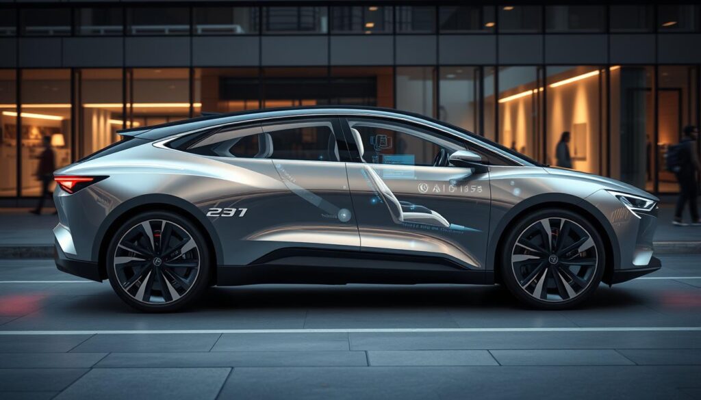 A sleek, futuristic family car with advanced driver assistance features. The car's exterior gleams under a warm, diffused light, showcasing its aerodynamic curves and sophisticated design. The interior is filled with a holographic display, intuitive touch controls, and customizable seating. In the foreground, the car's self-driving capabilities are demonstrated, with sensors and cameras discreetly integrated into the body. The background features a modern, urban environment, hinting at the car's ability to navigate seamlessly through congested city streets. The overall scene conveys a sense of technological innovation, safety, and convenience - the hallmarks of a cutting-edge family vehicle.
