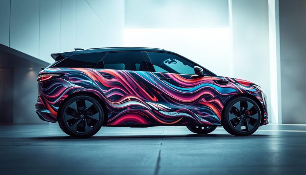 A sleek, futuristic vehicle adorned with a vibrant, eye-catching custom wrap. The wrap's intricate design features a harmonious blend of dynamic lines, bold colors, and subtle gradients, creating an immersive visual experience. The vehicle is situated in a modern, minimalist setting, with clean-lined architecture and a softly lit, hazy atmosphere, emphasizing the wrap's dynamic allure. The camera angle is a low, three-quarter view, capturing the wrap's depth and dimensionality, while the depth of field showcases the wrap's stunning details in sharp focus, surrounded by a subtly blurred background. The overall composition and lighting evoke a sense of innovation, technology, and the transformative power of custom vehicle wraps.