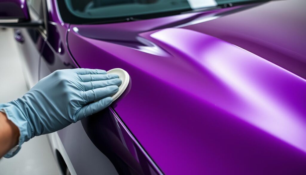 A sleek, high-gloss car surface glistening under soft, diffused studio lighting. In the foreground, a gloved hand carefully applies a thin, even layer of protective coating, creating a mirror-like finish. The middle ground showcases the rich, saturated paint color, while the background fades into a neutral, minimalist setting, emphasizing the car's form. The scene exudes a sense of precision, care, and the transformative power of proper car detailing.
