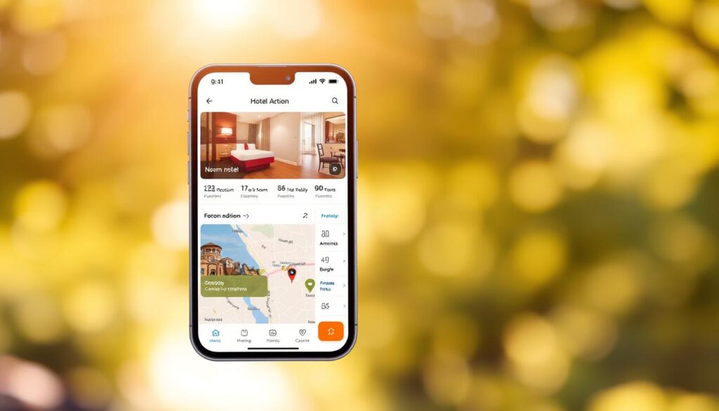 A sleek, intuitive hotel booking app interface floats against a softly blurred, sun-dappled background. The app's elegant layout showcases vibrant, high-resolution hotel images, with room selection options and pricing details neatly organized. A map view in the foreground pinpoints nearby accommodations, while a sidebar menu allows users to filter by amenities, rating, and budget. The app's warm, inviting color palette and clean typography convey a sense of effortless functionality, perfectly suited for planning a seamless road trip experience. A sleek, intuitive hotel booking app interface floats against a softly blurred, sun-dappled background. The app's elegant layout showcases vibrant, high-resolution hotel images, with room selection options and pricing details neatly organized. A map view in the foreground pinpoints nearby accommodations, while a sidebar menu allows users to filter by amenities, rating, and budget. The app's warm, inviting color palette and clean typography convey a sense of effortless functionality, perfectly suited for planning a seamless road trip experience.