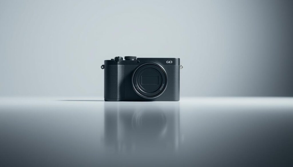 A sleek, lightweight camera body with a minimalist design, sitting on a smooth, reflective surface. Soft, directional lighting highlights the camera's clean lines and matte finish, creating a sense of precision and elegance. The frame captures the camera at a slightly elevated angle, emphasizing its compact and portable nature. The background is a muted, gradient-based environment, allowing the camera to be the focal point of the image, conveying its suitability for on-the-go travel photography.