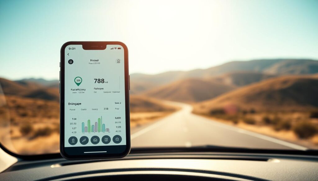 A sleek, minimalist mobile app interface floating in a serene, sun-drenched landscape. In the foreground, a clean dashboard displays real-time fuel efficiency metrics, speed, and driving data. The middle ground features a detailed route map with efficient navigation suggestions. In the background, rolling hills and a clear blue sky create a calming, natural ambiance. Warm, diffused lighting from the overhead sun casts a soft glow, emphasizing the app's intuitive design and user-friendly functionality. The overall composition conveys a sense of effortless, eco-conscious driving during a scenic road trip. A sleek, minimalist mobile app interface floating in a serene, sun-drenched landscape. In the foreground, a clean dashboard displays real-time fuel efficiency metrics, speed, and driving data. The middle ground features a detailed route map with efficient navigation suggestions. In the background, rolling hills and a clear blue sky create a calming, natural ambiance. Warm, diffused lighting from the overhead sun casts a soft glow, emphasizing the app's intuitive design and user-friendly functionality. The overall composition conveys a sense of effortless, eco-conscious driving during a scenic road trip.