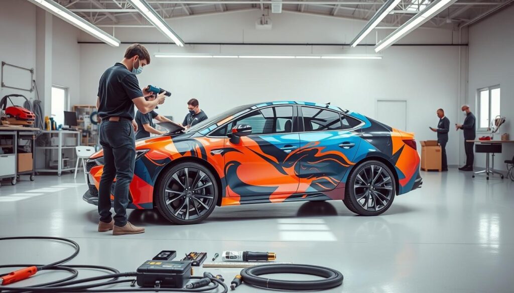 A sleek, modern car parked in a bright, airy garage, surrounded by various tools and materials used in the custom wrap installation process. In the foreground, a skilled technician carefully applies a vibrant, custom-designed vinyl wrap to the vehicle's exterior, using specialized squeegees and a heat gun to ensure a seamless, bubble-free application. In the middle ground, other technicians work on different stages of the installation, such as measuring, cutting, and aligning the wrap pieces. The background features a clean, minimalist workspace with plenty of natural light, reflecting the precision and attention to detail required for this meticulous process.