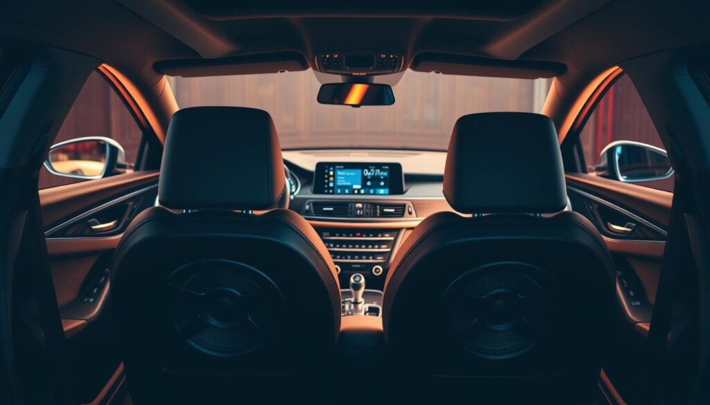 A sleek, modern car's interior, with a focus on the audio system. The dashboard features a high-resolution touchscreen display, surrounded by stylish, brushed metal accents. In the foreground, a pair of powerful subwoofers are neatly integrated into the rear seats, their grilles glowing with subtle LED lighting. The mids and tweeters are strategically positioned throughout the cabin, creating a immersive, three-dimensional soundscape. The lighting is warm and ambient, with soft, indirect illumination highlighting the carefully optimized acoustics. The overall atmosphere conveys a sense of refined, high-performance audio engineering, perfectly suited for the "Optimizing Car Audio Experience" section of the article.