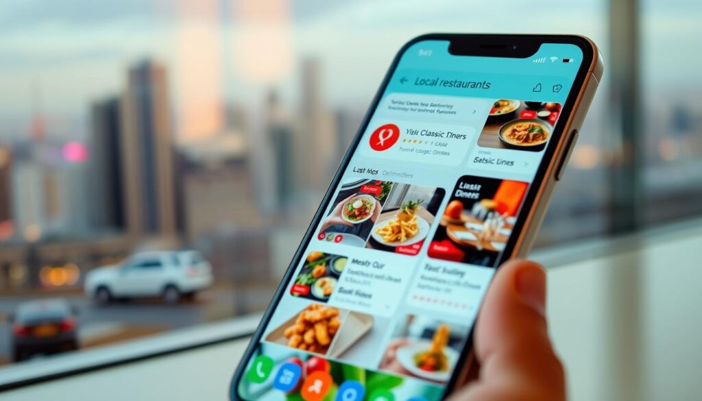 A sleek, modern smartphone screen displaying a local restaurants app. The foreground features a visually appealing user interface with vivid icons, mouthwatering food images, and intuitive navigation. The middle ground showcases a variety of cuisines, from classic diners to trendy eateries, with detailed listings and reviews. The background depicts a vibrant city skyline, hinting at the diverse dining options available nearby. The lighting is soft and natural, creating a welcoming and inviting atmosphere. The camera angle is slightly angled, providing a dynamic and engaging perspective. The overall tone is one of discovery, exploration, and the excitement of finding hidden culinary gems in the local area. A sleek, modern smartphone screen displaying a local restaurants app. The foreground features a visually appealing user interface with vivid icons, mouthwatering food images, and intuitive navigation. The middle ground showcases a variety of cuisines, from classic diners to trendy eateries, with detailed listings and reviews. The background depicts a vibrant city skyline, hinting at the diverse dining options available nearby. The lighting is soft and natural, creating a welcoming and inviting atmosphere. The camera angle is slightly angled, providing a dynamic and engaging perspective. The overall tone is one of discovery, exploration, and the excitement of finding hidden culinary gems in the local area.