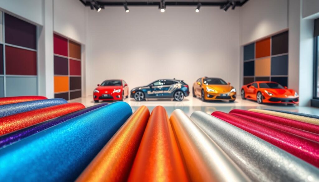 A sleek showroom display showcasing a diverse array of vibrant, high-quality vehicle wrap color options. The foreground features a selection of shimmering, textured materials in a range of bold hues, including deep reds, vivid blues, lustrous golds, and metallic silvers. The middle ground presents expertly applied wraps on sleek, contemporary vehicle models, highlighting the seamless integration of design and functionality. The background subtly fades into a clean, minimalist setting, allowing the vibrant colors and textures to take center stage and inspire the viewer's imagination. Soft, directional lighting accentuates the depth and dimensionality of the materials, creating a visually captivating and aspirational display.