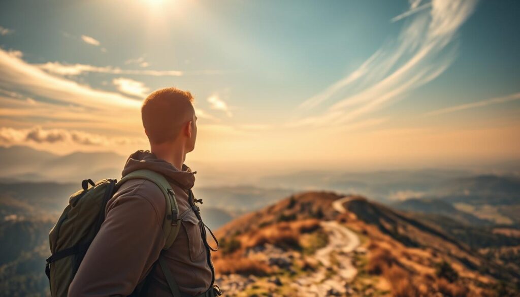 A solo traveler standing atop a scenic overlook, gazing out at the vast, breathtaking landscape. Warm, golden sunlight filters through wispy clouds, casting a dreamy, introspective glow. The traveler, clad in practical yet stylish adventure gear, appears tranquil and self-assured, embodying the mindset of embracing the unknown with an open heart and mind. The foreground is focused on the traveler's serene expression, while the middle ground reveals a winding path leading to the horizon. The background showcases a panoramic vista of rolling hills, distant mountains, and a sense of boundless possibility. The overall mood is one of solitude, introspection, and the exhilaration of independent exploration.