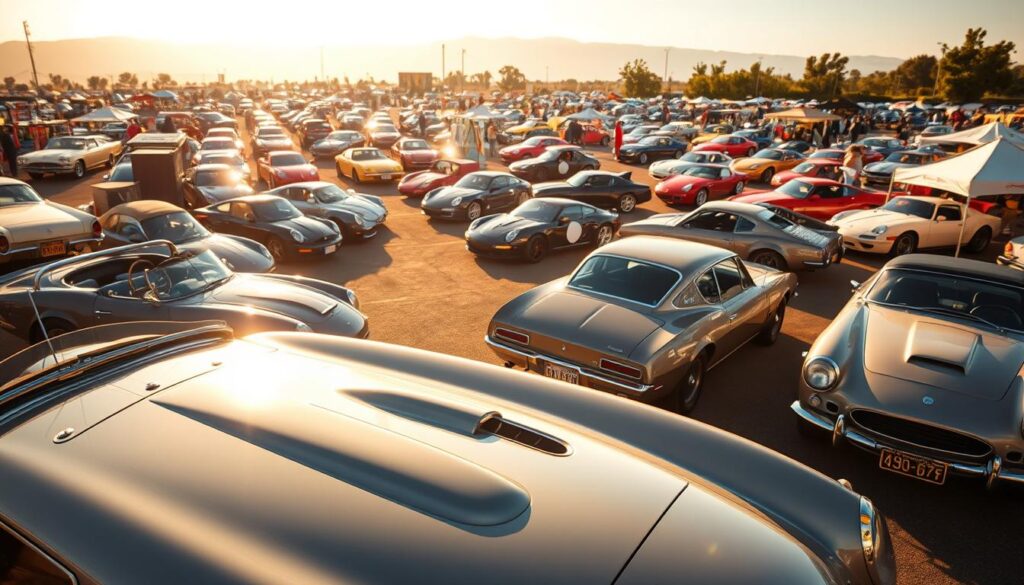 A sprawling, open-air rare collector car marketplace, bathed in warm, golden afternoon light. In the foreground, a pristine vintage sports car gleams, its chrome and polished paint reflecting the scene. In the middle ground, an array of classic American sedans, European coupes, and Japanese sports cars are carefully displayed, each a testament to automotive history. In the background, rows of canvas-topped vendor stalls offer a diverse selection of vintage parts, accessories, and memorabilia. The atmosphere is one of reverence and enthusiasm, where enthusiasts, collectors, and casual observers alike converge to admire and appreciate these rare, timeless automotive marvels.