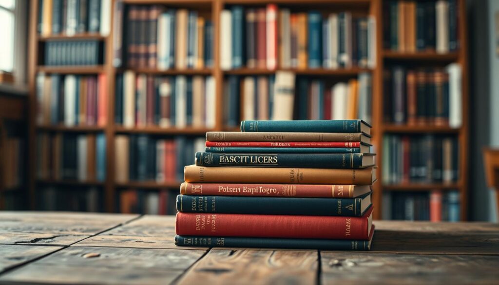 A stack of expertly curated books arranged on a wooden table, illuminated by warm, diffused lighting. The books have carefully designed covers in various colors and textures, exuding an aura of intellectual depth and authority. In the background, a soft, blurred bookshelf filled with more volumes creates a sense of depth and a scholarly atmosphere. The overall composition conveys a sense of curation, thoughtfulness, and the promise of valuable insights for the discerning student reader.