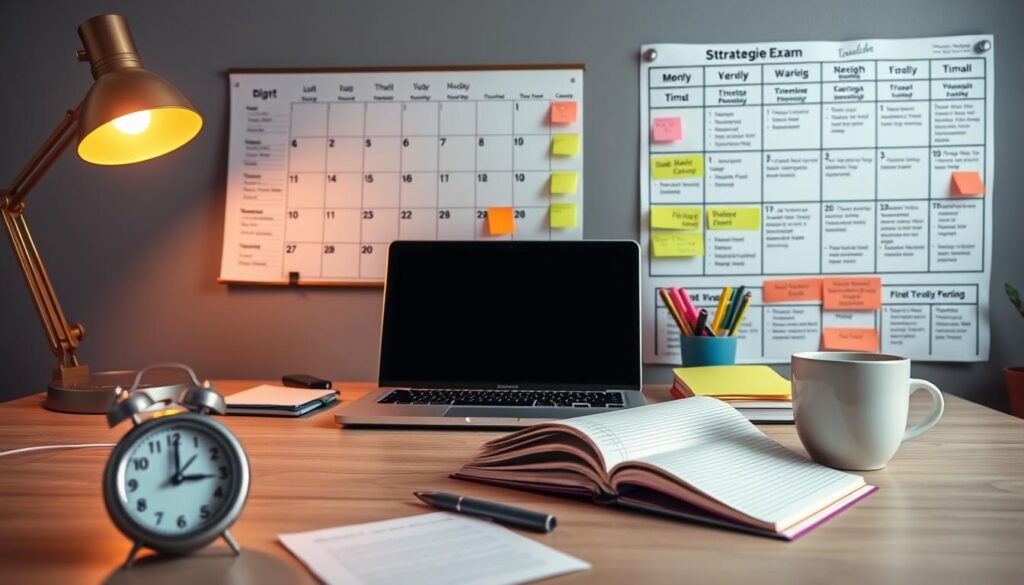 A study desk with a laptop, notebook, and pen, illuminated by a warm desk lamp. In the foreground, a timer, a to-do list, and a cup of coffee, symbolizing time management and organization. The middle ground features a calendar, highlighters, and sticky notes, representing planning and prioritization. The background showcases a wall chart with time slots and strategies for effective exam preparation, all set against a muted, calming color palette to convey a focused, productive atmosphere.