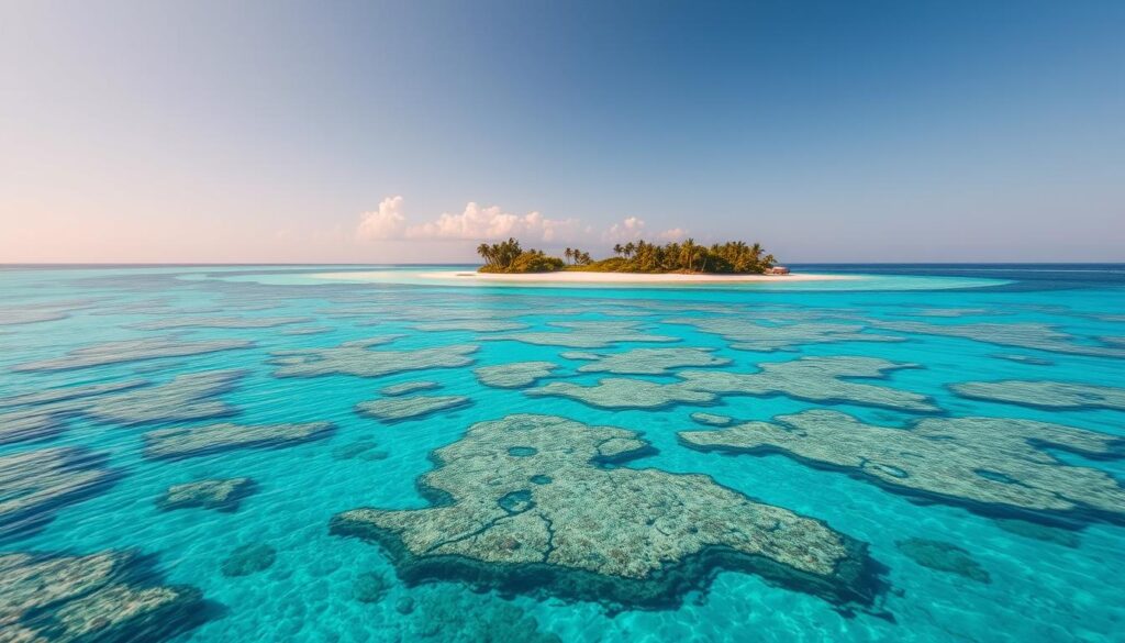 A stunning aerial view of a pristine Maldivian coral atoll, surrounded by turquoise waters and a vibrant coral reef teeming with marine life. The foreground showcases the intricate patterns and vibrant hues of the atoll's coral formations, while the middle ground reveals the crystal-clear lagoon with its shimmering surface. In the background, lush tropical islands dot the horizon, their swaying palm trees silhouetted against a warm, golden sky. The scene is bathed in soft, natural lighting, captured with a wide-angle lens to emphasize the vastness and beauty of this island paradise.