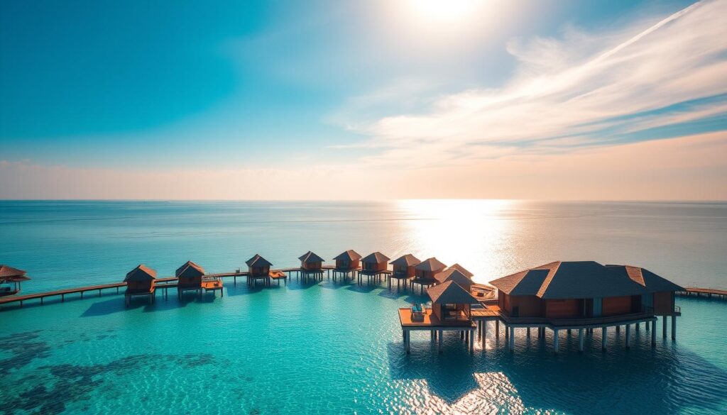 A stunning aerial view of luxurious water villas nestled in the crystal-clear turquoise waters of the Maldives. The villas are perched atop wooden stilts, their overwater bungalow designs seamlessly blending with the tranquil lagoon. The foreground features a serene infinity pool, its still surface reflecting the vibrant hues of the sky. In the middle ground, the villas' thatched roofs and private decks invite a sense of seclusion and relaxation. The background is dominated by the vast, shimmering expanse of the Indian Ocean, its horizon line hazy under the warm, golden light of the sun. This idyllic scene evokes a feeling of total escape, a true paradise for the senses.