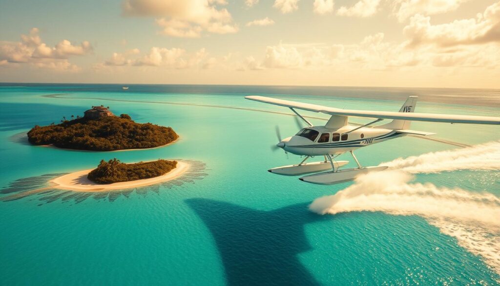A stunning seaplane gliding gracefully over the turquoise waters of the Maldives, its sleek design reflecting the sun's rays. In the foreground, the seaplane's pontoons skim the surface, creating a gentle spray. In the middle ground, lush, verdant islands dotted with swaying palm trees and white-sand beaches come into view. The background showcases the breathtaking azure horizon, blending seamlessly with the tranquil lagoon. The scene is bathed in warm, golden light, capturing the tropical ambiance of this island paradise. A wide-angle lens captures the expansive, picturesque landscape, immersing the viewer in the tranquil, island-hopping experience.