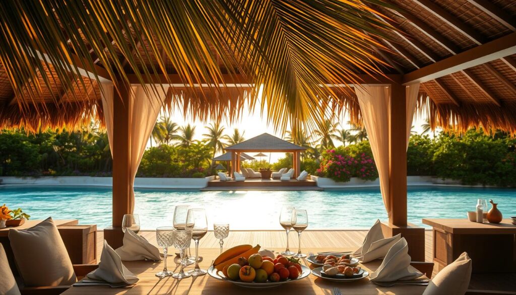 A stunning seaside pavilion in the Maldives, illuminated by warm, golden sunlight filtering through the palm fronds. In the foreground, a meticulously set table with gleaming crystal stemware, crisp linen napkins, and an array of exotic tropical fruits and delicacies. The middle ground features a graceful open-air dining area, with plush seating and tables overlooking the crystal-clear turquoise waters and pristine white-sand beach. In the background, a lush, verdant landscape of swaying palms and vibrant blooms, creating a serene, secluded atmosphere. The overall scene evokes a sense of refined luxury, exclusivity, and the pinnacle of bespoke dining experiences in the Maldives.