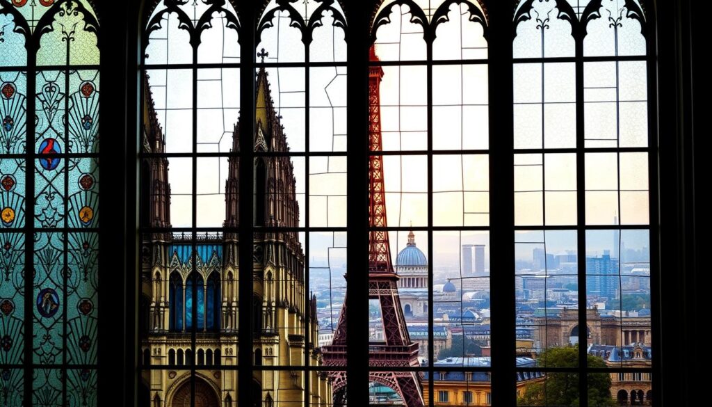 A stunning stained glass window depicting the iconic landmarks of Paris, the City of Light. In the foreground, the intricate patterns and vibrant colors of the glass panels capture the ornate details of Notre-Dame Cathedral, its soaring towers and Gothic architecture. In the middle ground, the Eiffel Tower stands tall, its silhouette casting a warm, golden glow through the translucent glass. The background features a hazy, dreamlike skyline of the Parisian cityscape, with the domes of Sacré-Cœur Basilica and the Arc de Triomphe visible in the distance. The scene is bathed in a soft, ethereal light, creating a sense of reverence and timeless elegance, as if the viewer is standing in a grand cathedral, gazing upon a masterpiece of religious art. A stunning stained glass window depicting the iconic landmarks of Paris, the City of Light. In the foreground, the intricate patterns and vibrant colors of the glass panels capture the ornate details of Notre-Dame Cathedral, its soaring towers and Gothic architecture. In the middle ground, the Eiffel Tower stands tall, its silhouette casting a warm, golden glow through the translucent glass. The background features a hazy, dreamlike skyline of the Parisian cityscape, with the domes of Sacré-Cœur Basilica and the Arc de Triomphe visible in the distance. The scene is bathed in a soft, ethereal light, creating a sense of reverence and timeless elegance, as if the viewer is standing in a grand cathedral, gazing upon a masterpiece of religious art.