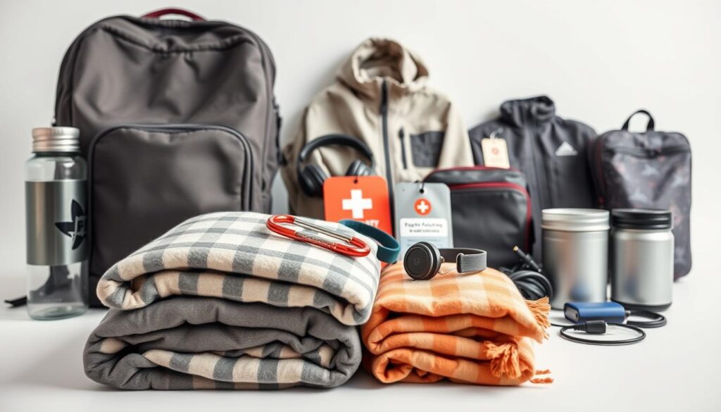 A stylish and organized array of practical family travel essentials, captured in a clean, well-lit studio setting. In the foreground, a neatly folded pile of cozy blankets, a durable backpack, and a water bottle with a carabiner clip. In the middle ground, a travel-friendly first-aid kit, a set of noise-cancelling headphones, and a portable charger with cable. In the background, a smartly designed luggage tag, a packable rain jacket, and a reusable snack container. The overall mood is one of preparedness and efficiency, conveying the sense that this family is ready to tackle any situation that may arise during their adventures. A stylish and organized array of practical family travel essentials, captured in a clean, well-lit studio setting. In the foreground, a neatly folded pile of cozy blankets, a durable backpack, and a water bottle with a carabiner clip. In the middle ground, a travel-friendly first-aid kit, a set of noise-cancelling headphones, and a portable charger with cable. In the background, a smartly designed luggage tag, a packable rain jacket, and a reusable snack container. The overall mood is one of preparedness and efficiency, conveying the sense that this family is ready to tackle any situation that may arise during their adventures.