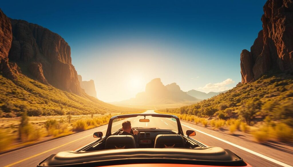 A sun-dappled American highway winds through a sweeping, cinematic landscape. In the foreground, a vintage convertible cruises along, its driver and passenger basking in the warm, golden light. Towering rock formations and lush, verdant hills stretch out in the middle distance, framed by a vast, cloudless sky. The scene exudes a sense of freedom, adventure, and the pure, unbridled joy of the open road. Captured with a wide-angle lens and crisp, realistic detail, this image evokes the quintessential American road trip experience. A sun-dappled American highway winds through a sweeping, cinematic landscape. In the foreground, a vintage convertible cruises along, its driver and passenger basking in the warm, golden light. Towering rock formations and lush, verdant hills stretch out in the middle distance, framed by a vast, cloudless sky. The scene exudes a sense of freedom, adventure, and the pure, unbridled joy of the open road. Captured with a wide-angle lens and crisp, realistic detail, this image evokes the quintessential American road trip experience.